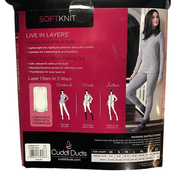 Cuddl Duds Long Sleeve Crew Soft Knit w/Thumb Holes Women's Size X-Small Gray - Picture 2 of 15